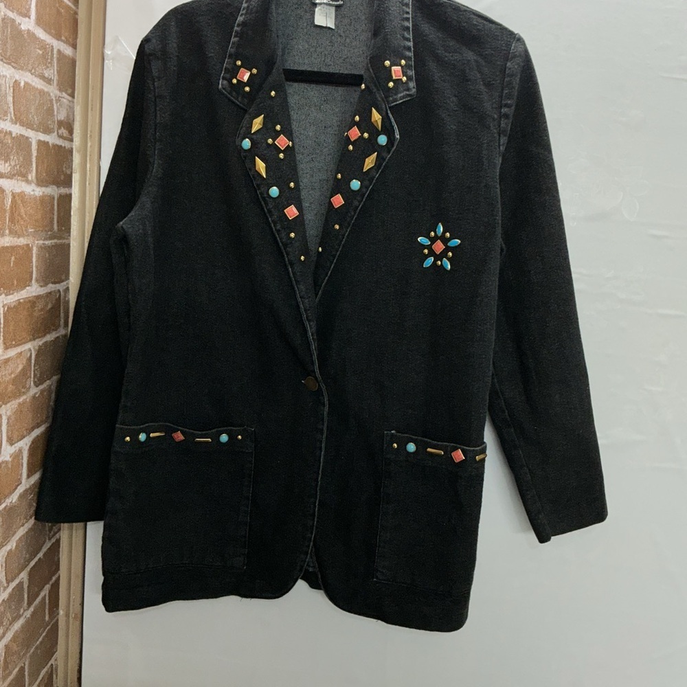 Vintage Black Embellished Women's Blazer with Colorful Stud Accents